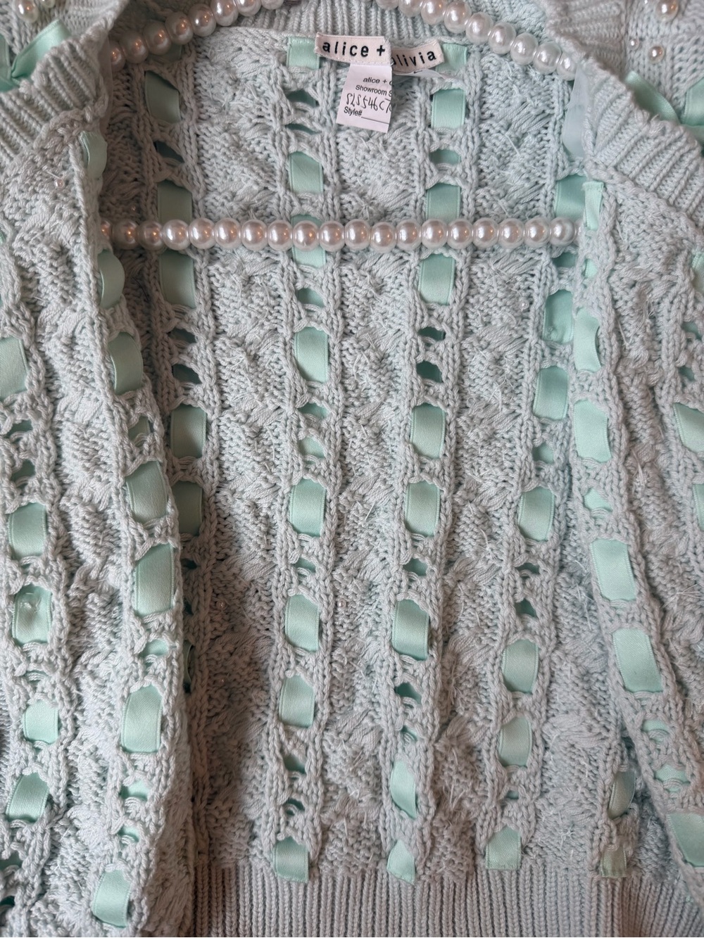Alice + Olivia Mint Ribbon & Pearl Embellished Cardigan NWT - Picture 5 of 6